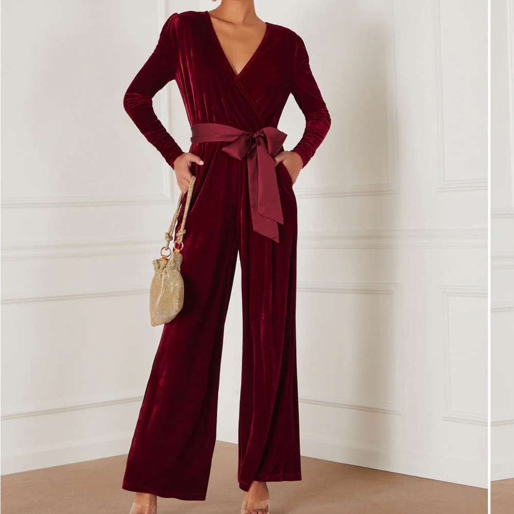 VICI Love One Another Velvet Pocketed Cutout Back Jumpsuit Wine